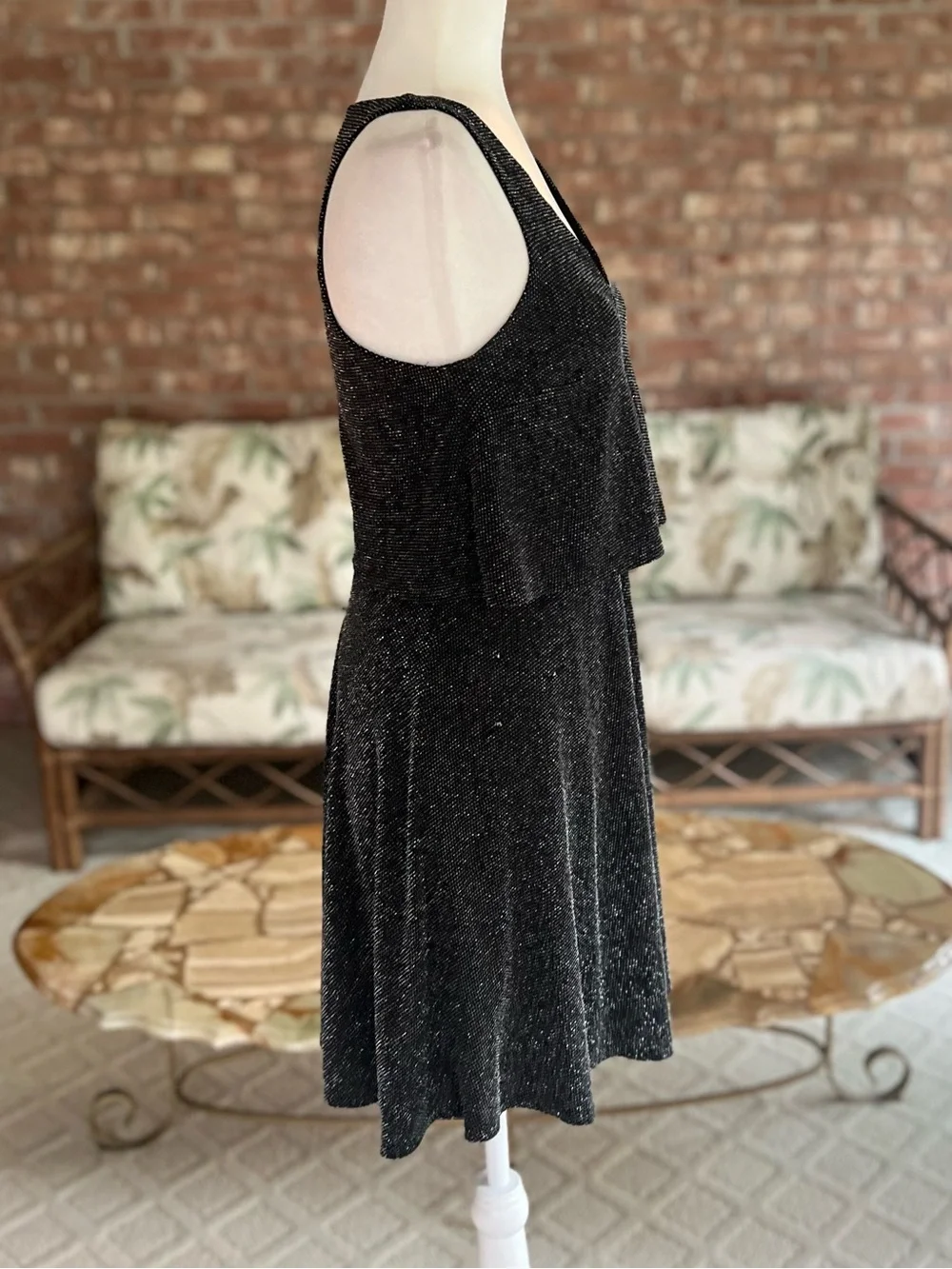 Express Black Silver Metallic Shimmer Layered Knit Mini Dress S Cocktail LBD